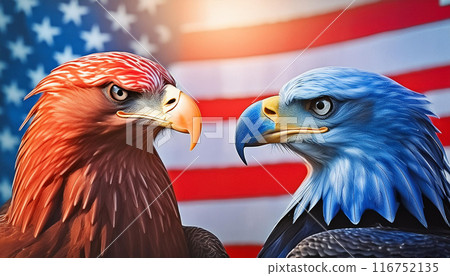 藍鷹和紅鷹分別代表美國的民主黨和共和黨。美國政治辯論、選舉概念符號 116752135