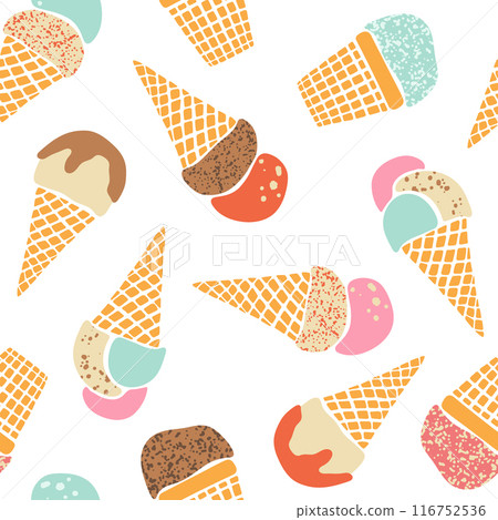 Vector ice-cream waffle cones seamless pattern. Colorful flavored fruit, vanilla and chocolate gelato repeat design on white background. Hand drawn retro pastel textured summer frozen dessert 116752536