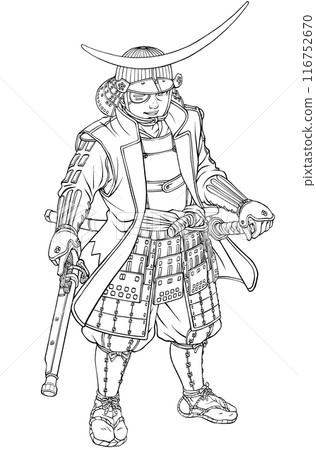 One-eyed dragon Date Masamune, a Sengoku warlord with a matchlock gun, line drawing 116752670