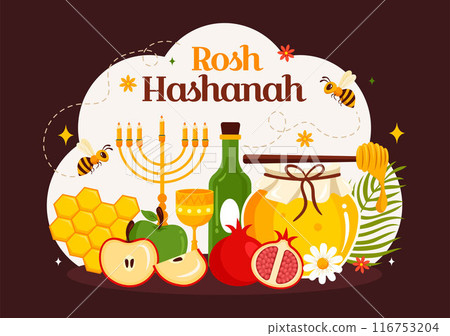 Happy Rosh Hashanah Vector Illustration of Jewish New Year Holiday with Apple, Pomegranate, Honey, and Bee in Flat Style Cartoon Background Happy Rosh Hashanah Vector Illustration of Jewish New Year Holiday with Apple, Pomegranate, Honey, and Bee in Flat Style Cartoon Background 116753204