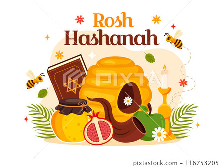 Happy Rosh Hashanah Vector Illustration of Jewish New Year Holiday with Apple, Pomegranate, Honey, and Bee in Flat Style Cartoon Background Happy Rosh Hashanah Vector Illustration of Jewish New Year Holiday with Apple, Pomegranate, Honey, and Bee in Flat Style Cartoon Background 116753205