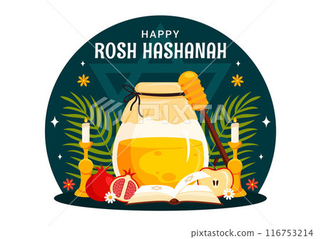 Happy Rosh Hashanah Vector Illustration of Jewish New Year Holiday with Apple, Pomegranate, Honey, and Bee in Flat Style Cartoon Background 116753214