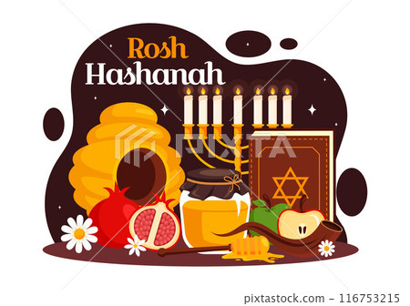 Happy Rosh Hashanah Vector Illustration of Jewish New Year Holiday with Apple, Pomegranate, Honey, and Bee in Flat Style Cartoon Background 116753215