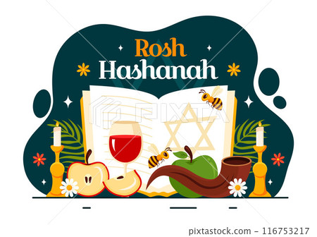 Happy Rosh Hashanah Vector Illustration of Jewish New Year Holiday with Apple, Pomegranate, Honey, and Bee in Flat Style Cartoon Background Happy Rosh Hashanah Vector Illustration of Jewish New Year Holiday with Apple, Pomegranate, Honey, and Bee in Flat Style Cartoon Background 116753217