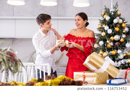 Excited young couple enjoying decorating Christmas tree together while standing in front of wrapped presents in living room Excited young couple enjoying decorating Christmas tree together while standing in front of wrapped presents in living room 116753452