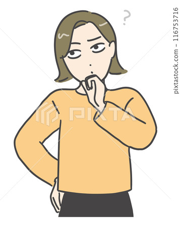 A young woman in casual clothes thinking with her hand on her chin (upper body, front view) 116753716