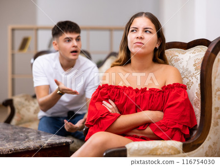 Male and female quarreling in living room at home Male and female quarreling in living room at home 116754030