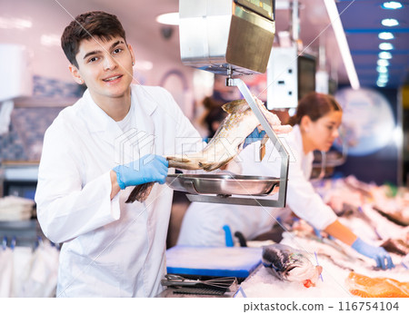 Skilful shop assistant weighing cod fish on scales in fish store 116754104