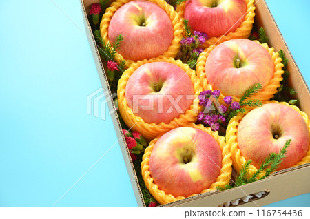 beautiful pink apple in the box on blue background 116754436