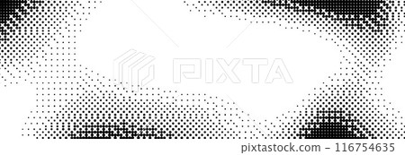 Pixelated bitmap gradient texture. Dither wavy background. 8 bit video game screen wallpaper. Retro glitchy pixel art backdrop. Abstract vector curve dithering border overlay 116754635