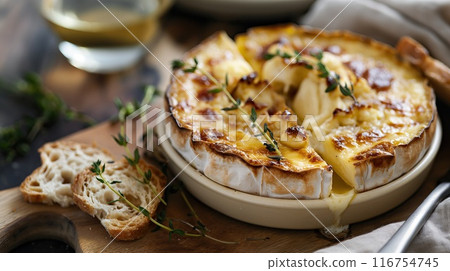 Baked Camembert cheese with white baguette and herbs. Tasty food 116754745