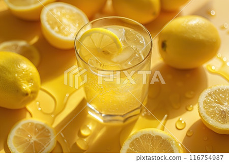 Glass of fresh lemon water on yellow background, closeup. Citrus drink 116754987