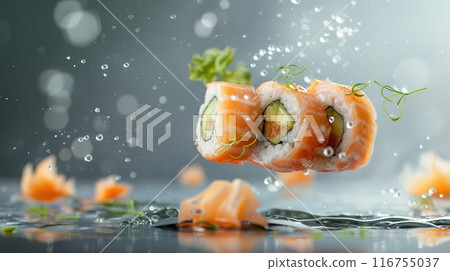 Delicious sushi and salmon rolls levitate on a gray background Delicious sushi and salmon rolls levitate on a gray background 116755037