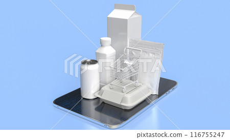 The food product and shopping cart on tablet for online marketing concept 3d rendering. The food product and shopping cart on tablet for online marketing concept 3d rendering. 116755247
