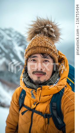 Happy Asian hiker man taking selfie portrait on the top of mountain, vertical format 116755494