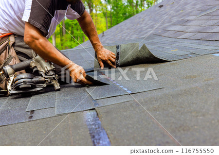 Construction worker using pneumatic nail gun to install new bitumen shingles on roof 116755550
