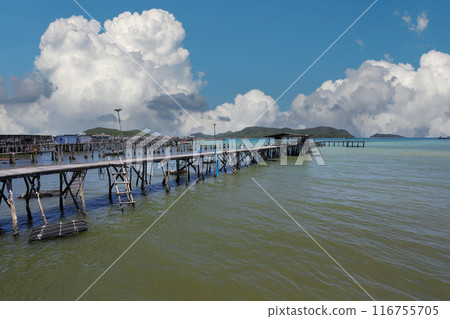 A wooden bridge leads into the sea at a resort on a clear day at Samae San Bay in Chonburi Province in Thailand. 116755705