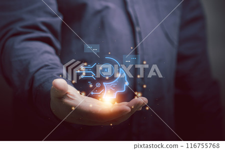 A man show the AI to order tasks with AI to perform a variety of tasks in his hand. ai innovation artificial intelligence. futuristic, connection, network, internet, information online. 116755768