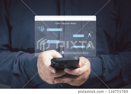 A man show the AI chat to order tasks with AI to perform a variety of tasks in his hand. ai conversation for innovation artificial intelligence. futuristic, connection, network, internet, information. 116755769