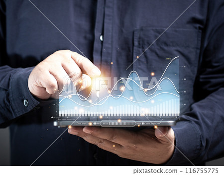 man point out the intersection of bar graphs in deciding to buy stocks at a virtual screen. business growth. Finance and stock chart. Trade money and crypto currency exchange. Investment.. 116755775