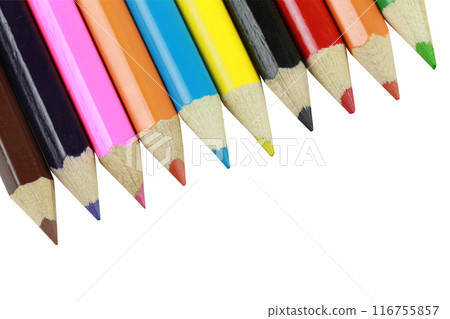 Colored pencil with a pointed tip are beautifully arranged.. 116755857