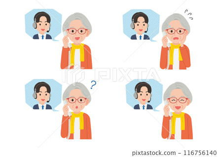 Senior talking on a landline with an operator Facial expression set 116756140