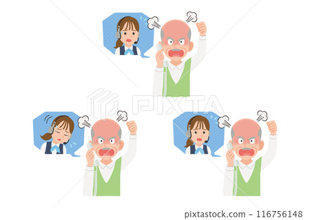 Senior complaining to operator on landline phone, facial expression set Senior complaining to operator on landline phone, facial expression set 116756148