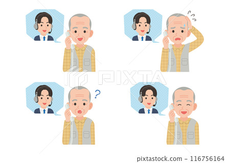 Senior talking on a landline with an operator Facial expression set Senior talking on a landline with an operator Facial expression set 116756164