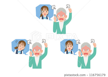 Senior complaining to operator on smartphone Facial expression set Senior complaining to operator on smartphone Facial expression set 116756179
