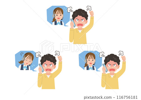 Senior complaining to operator on smartphone Facial expression set 116756181