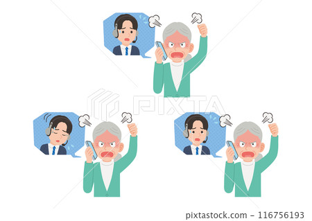 Senior complaining to operator on smartphone Facial expression set Senior complaining to operator on smartphone Facial expression set 116756193