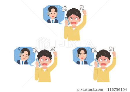 Senior complaining to operator on smartphone Facial expression set Senior complaining to operator on smartphone Facial expression set 116756194