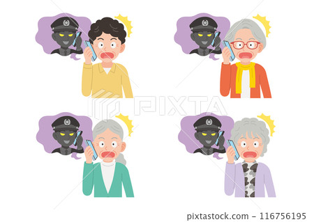 Seniors talking on the phone with a scammer Facial expression set Seniors talking on the phone with a scammer Facial expression set 116756195