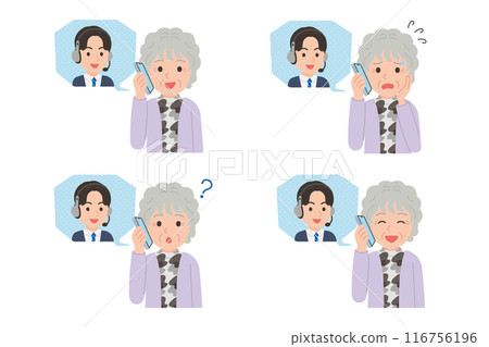 Seniors talking on smartphones with operators Facial expression set Seniors talking on smartphones with operators Facial expression set 116756196