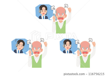 Senior complaining to operator on smartphone Facial expression set Senior complaining to operator on smartphone Facial expression set 116756215