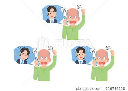 Senior complaining to operator on smartphone Facial expression set 116756218