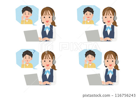 Female operator talking to senior citizen Facial expression set Female operator talking to senior citizen Facial expression set 116756243