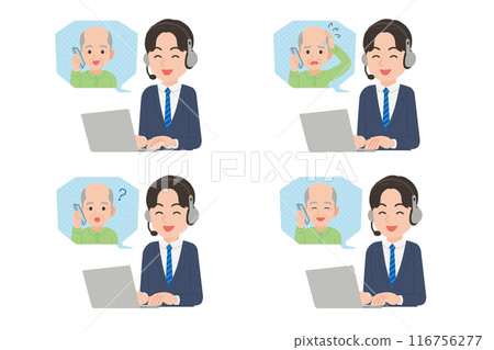Male operator talking to senior citizen, facial expression set, smiling face 116756277