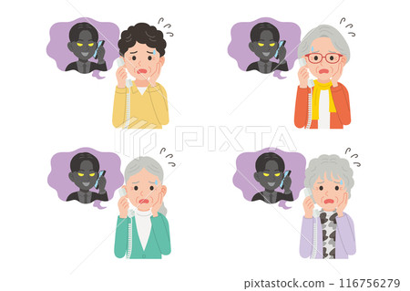 Senior talking to a scammer on a landline, facial expression set Senior talking to a scammer on a landline, facial expression set 116756279