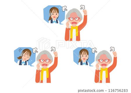 Senior complaining to operator on landline phone, facial expression set 116756283