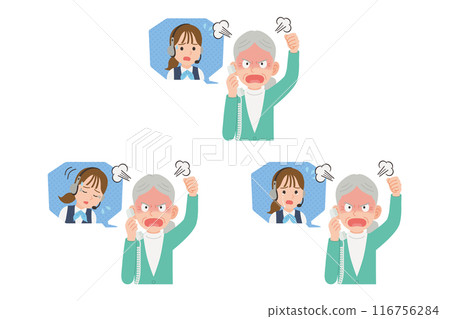 Senior complaining to operator on landline phone, facial expression set 116756284