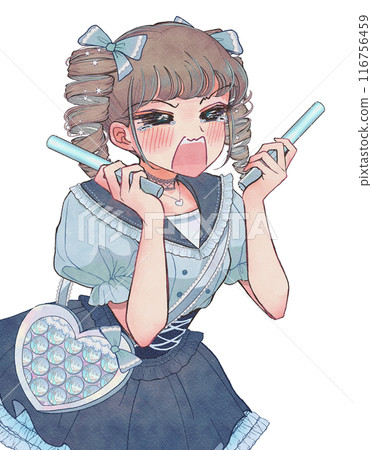 A cartoon illustration of a nerdy girl cheering on her favorite idol at a concert 116756459