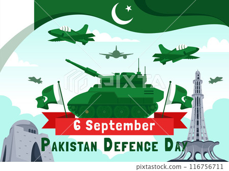 Pakistan Defence Day Vector Illustration on 6th September featuring Waving Flag, Jets, Army, Building, and tanks in a Flat Style Cartoon Background 116756711