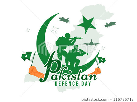 Pakistan Defence Day Vector Illustration on 6th September featuring Waving Flag, Jets, Army, Building, and tanks in a Flat Style Cartoon Background 116756712