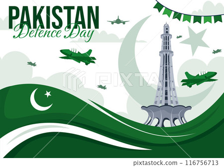Pakistan Defence Day Vector Illustration on 6th September featuring Waving Flag, Jets, Army, Building, and tanks in a Flat Style Cartoon Background Pakistan Defence Day Vector Illustration on 6th September featuring Waving Flag, Jets, Army, Building, and tanks in a Flat Style Cartoon Background 116756713