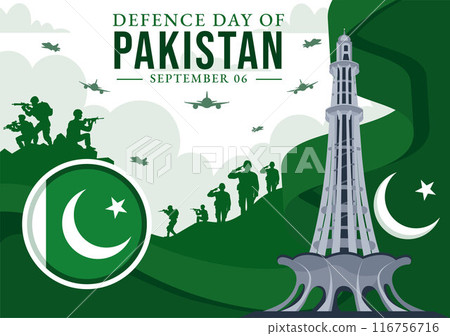 Pakistan Defence Day Vector Illustration on 6th September featuring Waving Flag, Jets, Army, Building, and tanks in a Flat Style Cartoon Background 116756716