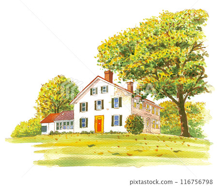 Autumn house painted in watercolor 116756798