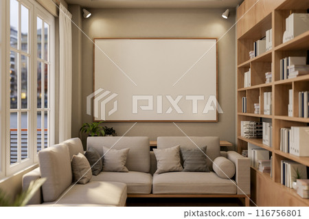 A contemporary, comfortable living room featuring a cozy L-shaped couch and a large frame mockup. A contemporary, comfortable living room featuring a cozy L-shaped couch and a large frame mockup. 116756801