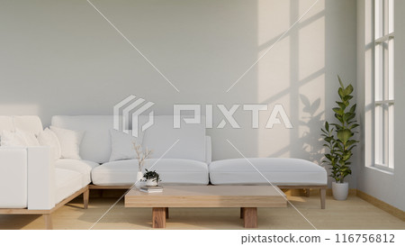 The interior design of a contemporary, cozy white living room features a comfortable white sofa. 116756812