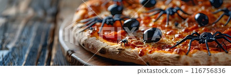 Creepy Crawly Pizzas with Black Olive Spiders in an Old Brick Oven Pizzeria at Dusk Creepy Crawly Pizzas with Black Olive Spiders in an Old Brick Oven Pizzeria at Dusk 116756836